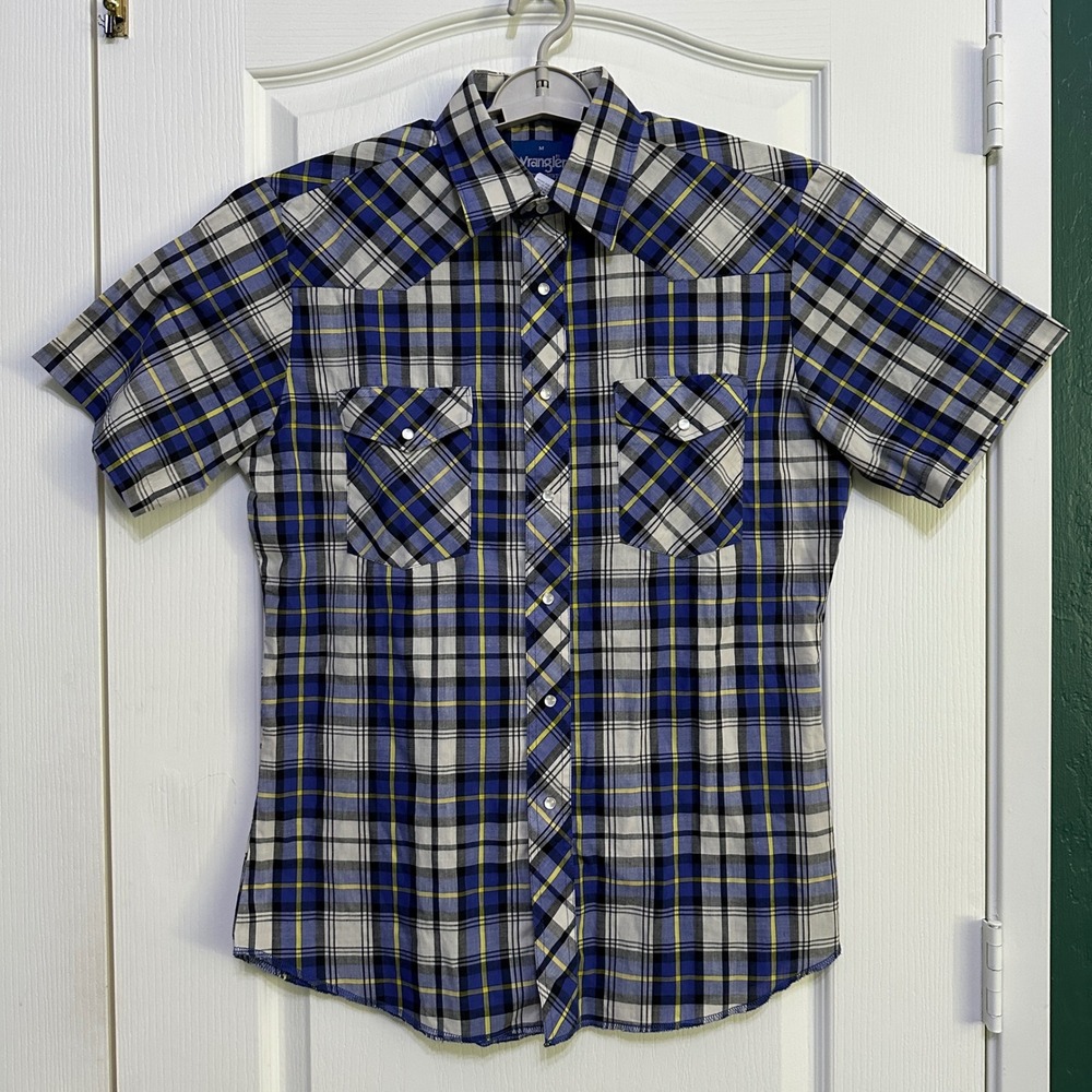Wrangler Western Shirt Medium Blue Yellow Plaid Pearl Snap Short Sleeve Cowboy